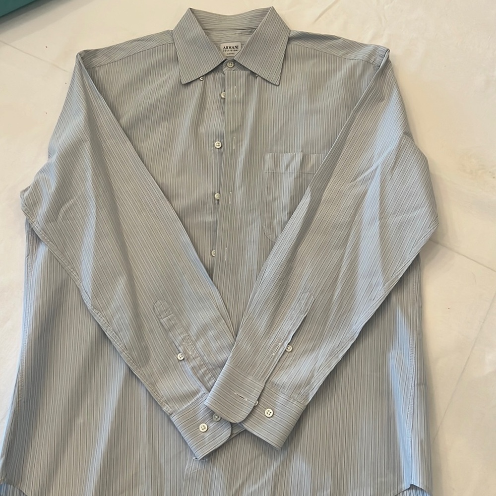 ARMANI collection, size 39/ 15 1/2 R, light blue and dark blue, button down